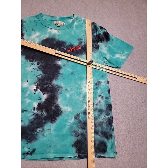 Vintage Guess Shirt Mens M Blue Black Tie Dye Graphic Flag Embroidered 90s - Picture 13 of 15